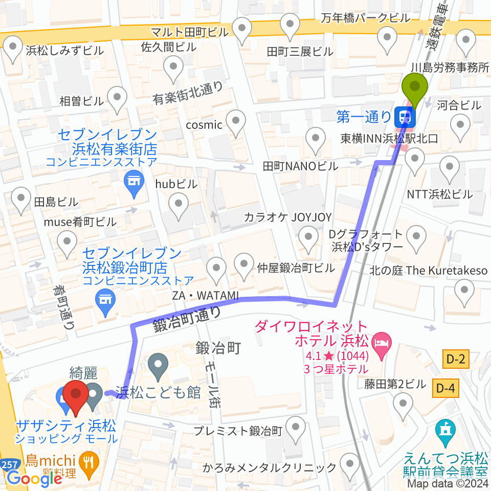 TOHOシネマズ浜松の最寄駅第一通り駅からの徒歩ルート（約7分）地図