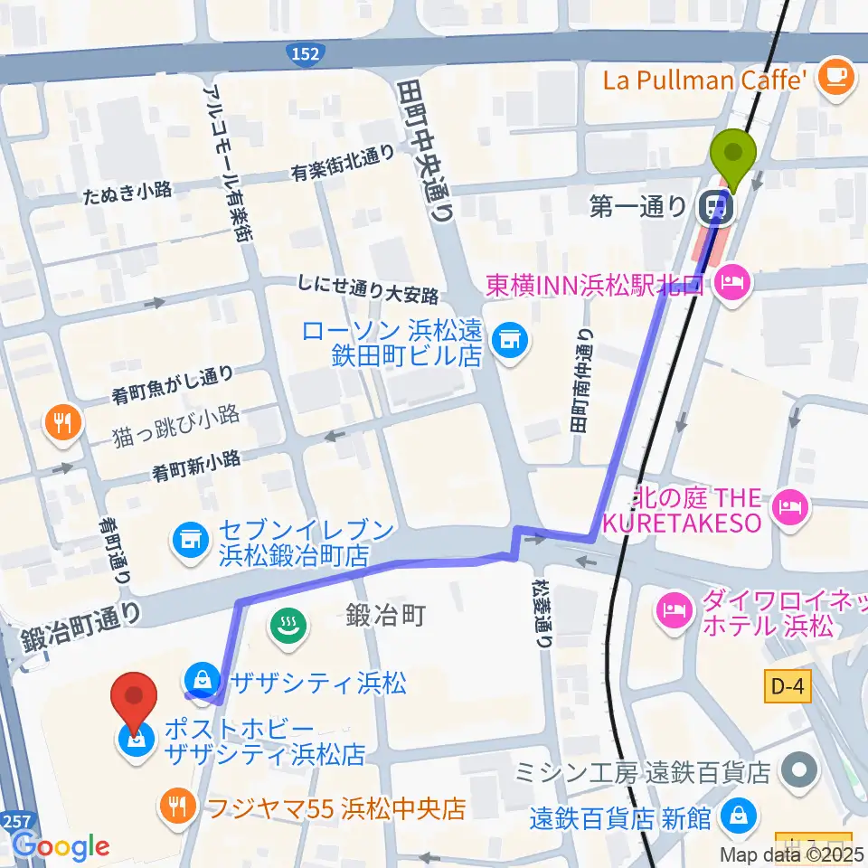 TOHOシネマズ浜松の最寄駅第一通り駅からの徒歩ルート（約7分）地図