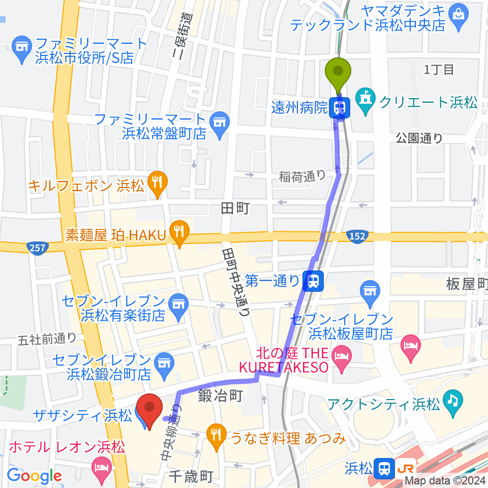 遠州病院駅からTOHOシネマズ浜松へのルートマップ地図