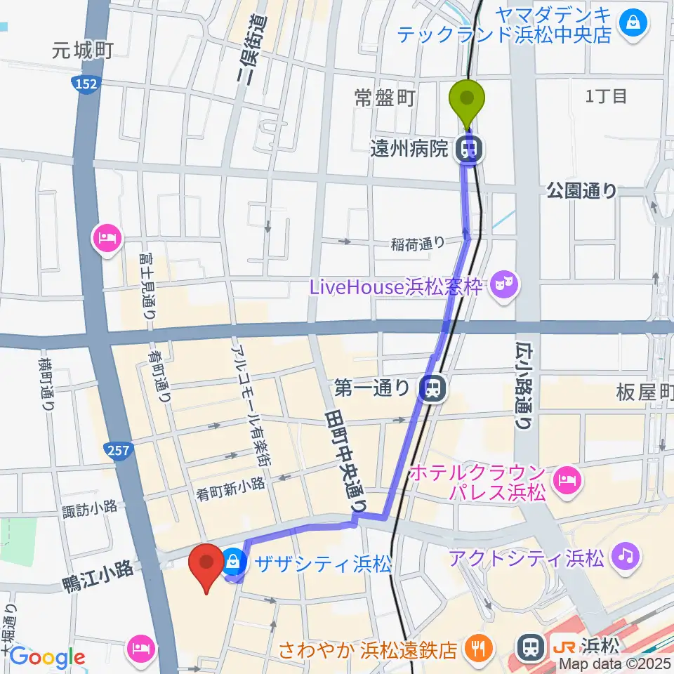 遠州病院駅からTOHOシネマズ浜松へのルートマップ地図