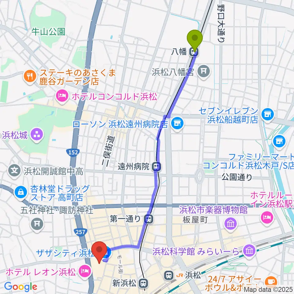 八幡駅からTOHOシネマズ浜松へのルートマップ地図