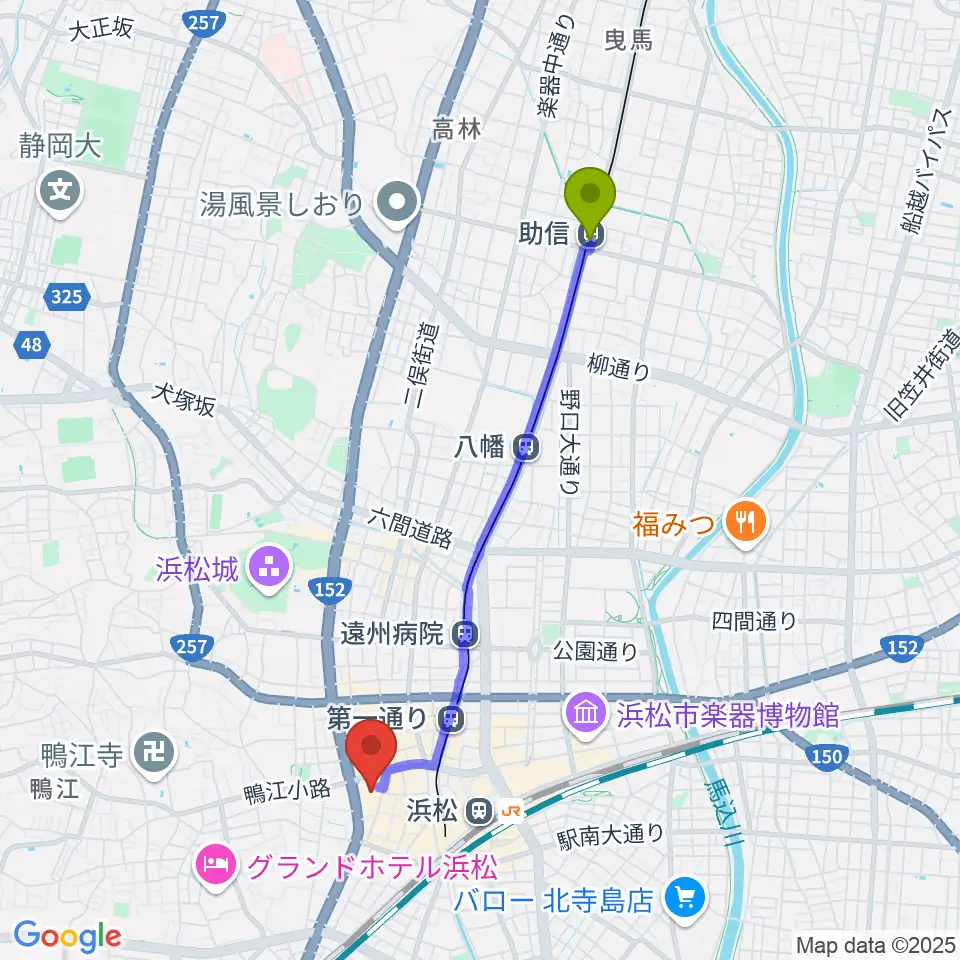 助信駅からTOHOシネマズ浜松へのルートマップ地図