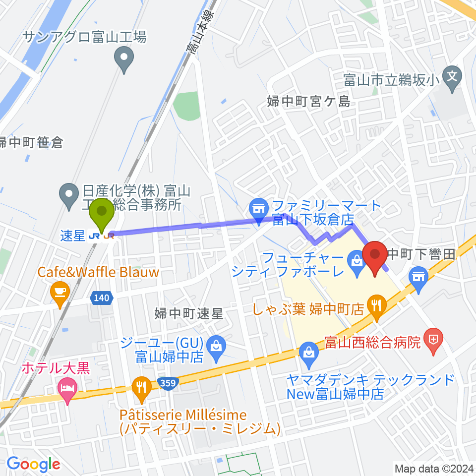 TOHOシネマズ ファボーレ富山の最寄駅速星駅からの徒歩ルート（約18分）地図