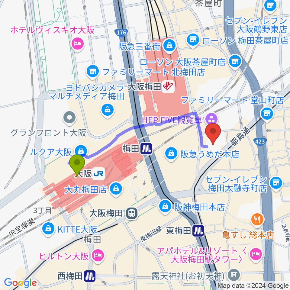 TOHOシネマズ梅田の最寄駅大阪駅からの徒歩ルート（約8分）地図