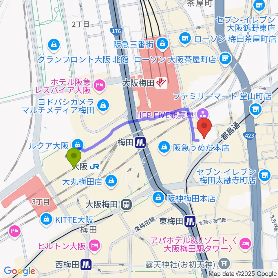 TOHOシネマズ梅田の最寄駅大阪駅からの徒歩ルート（約8分）地図