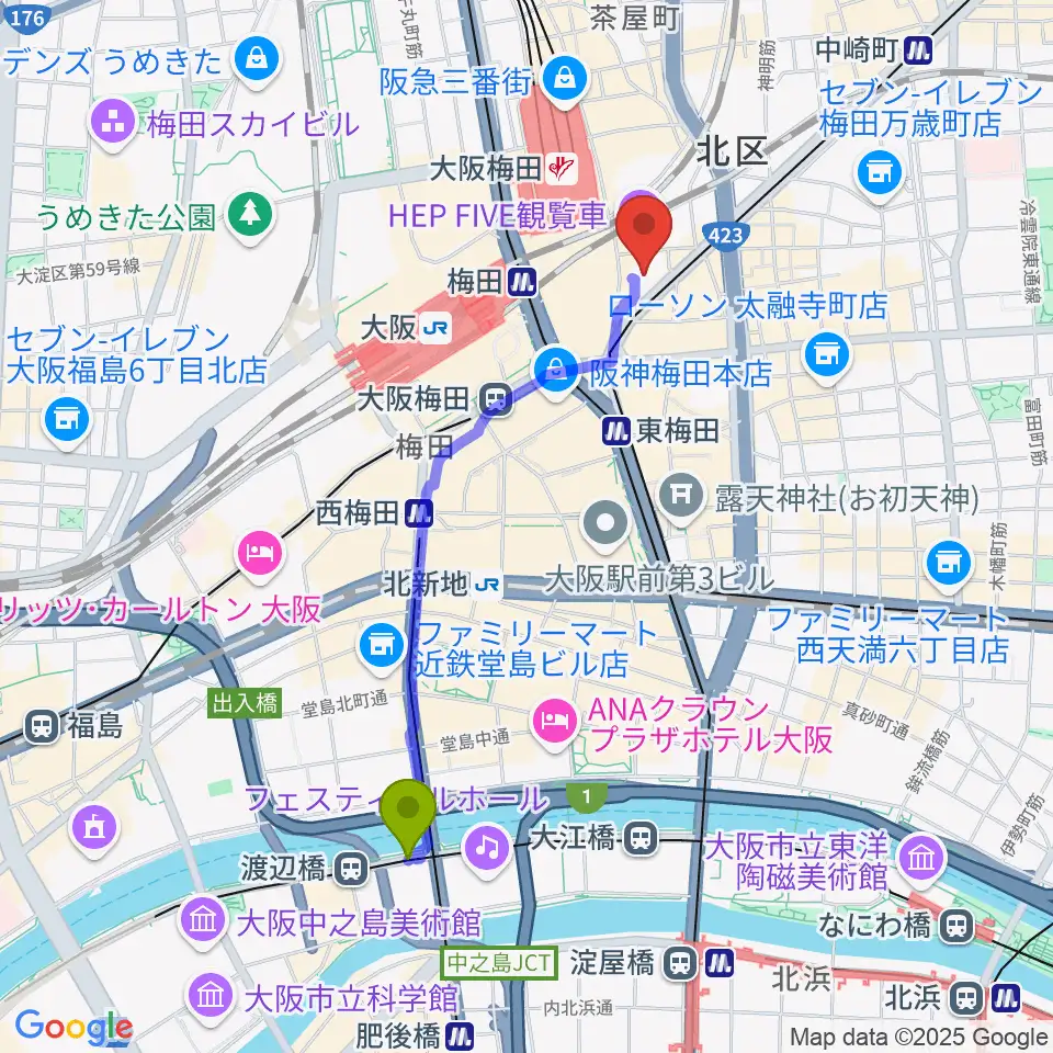 渡辺橋駅からTOHOシネマズ梅田へのルートマップ地図
