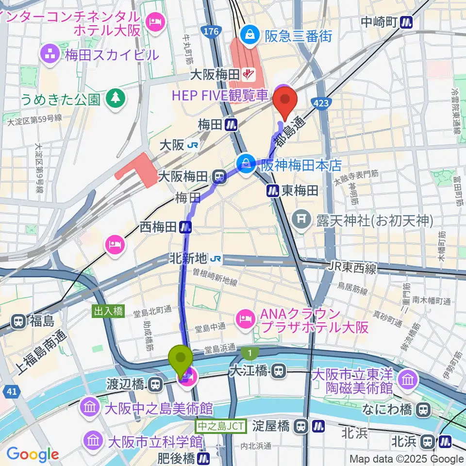 渡辺橋駅からTOHOシネマズ梅田へのルートマップ地図