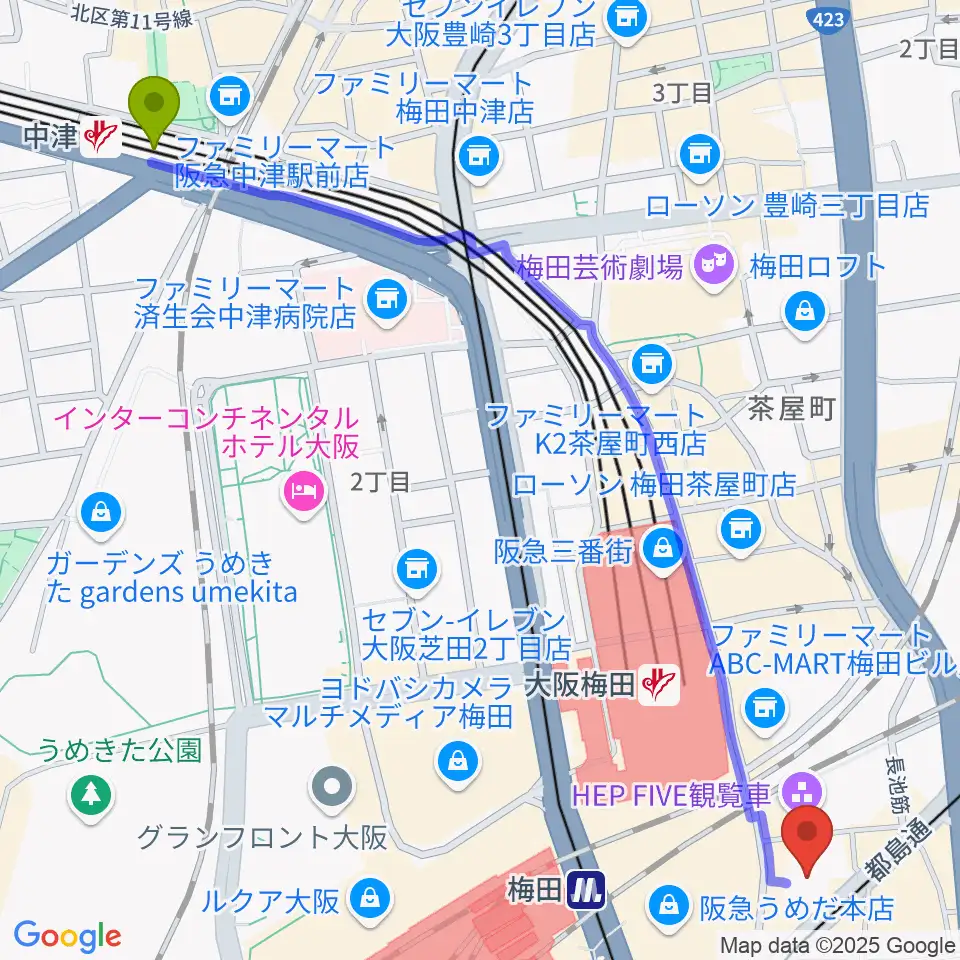 中津駅からTOHOシネマズ梅田へのルートマップ地図