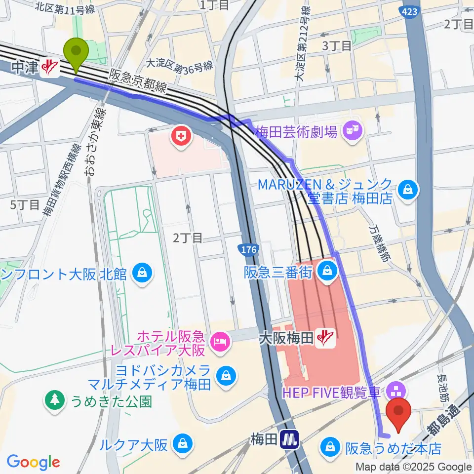 中津駅からTOHOシネマズ梅田へのルートマップ地図