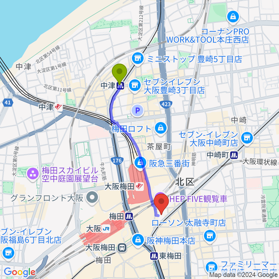 中津駅からTOHOシネマズ梅田へのルートマップ地図