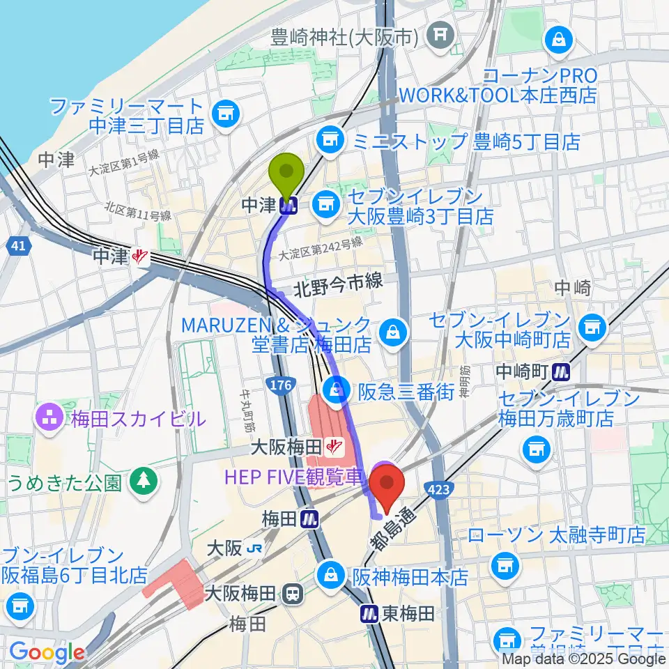 中津駅からTOHOシネマズ梅田へのルートマップ地図