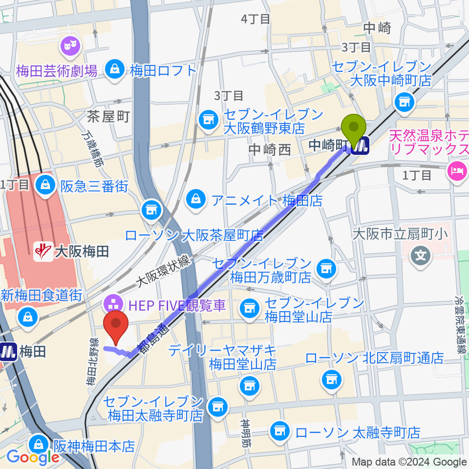 中崎町駅からTOHOシネマズ梅田へのルートマップ地図