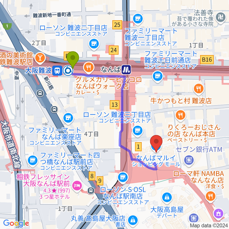 大阪難波駅からtohoシネマズなんば本館へのルートマップ Mdata