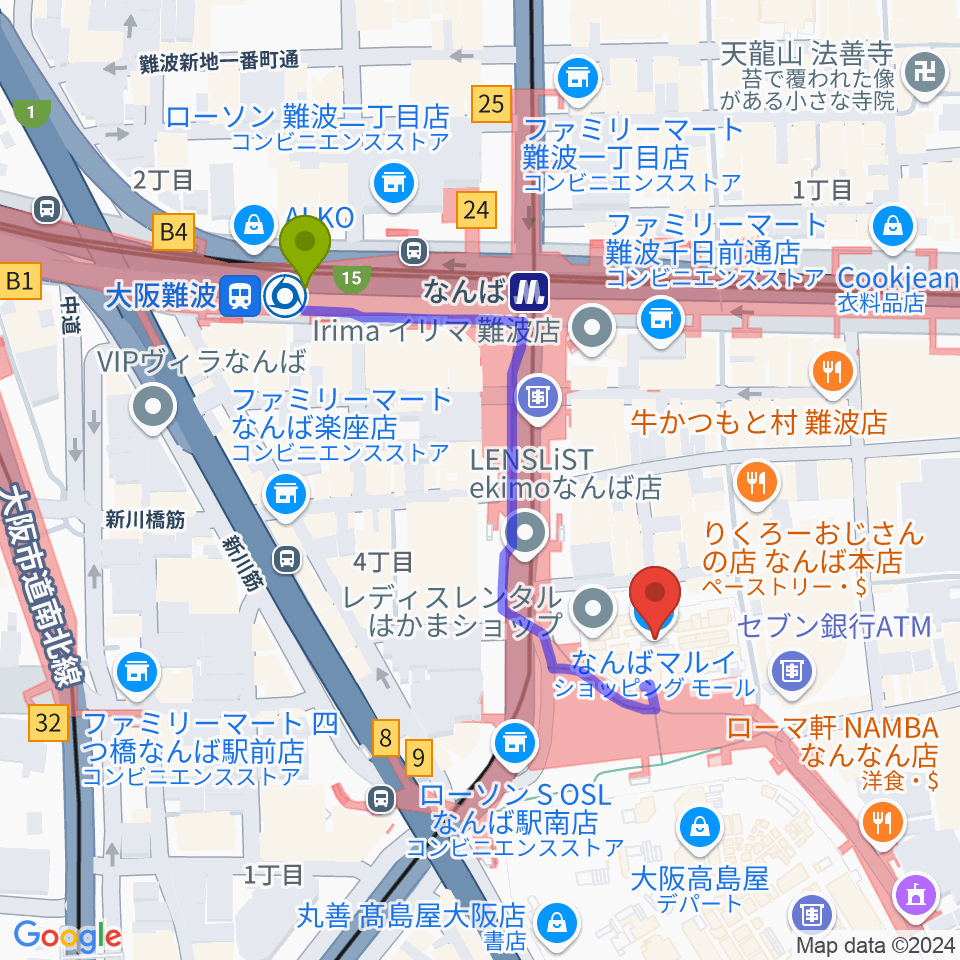 大阪難波駅からTOHOシネマズなんば本館へのルートマップ地図