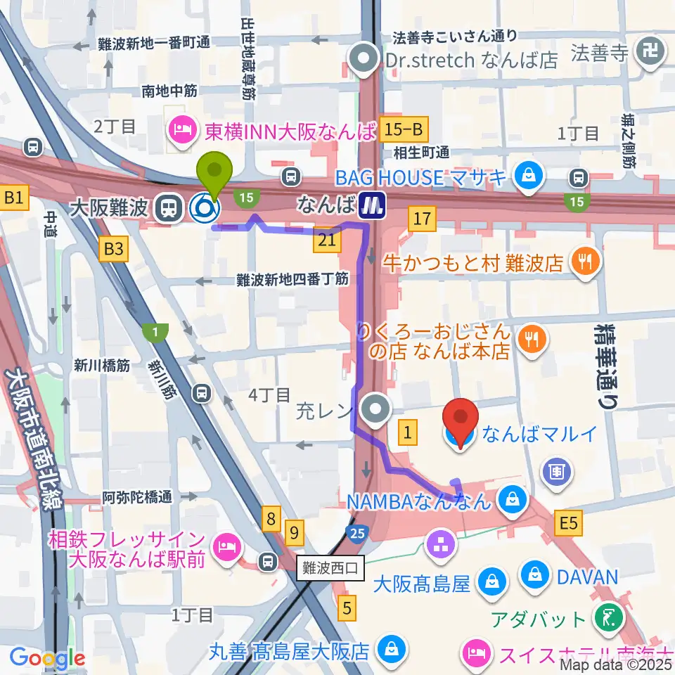 大阪難波駅からTOHOシネマズなんば本館へのルートマップ地図