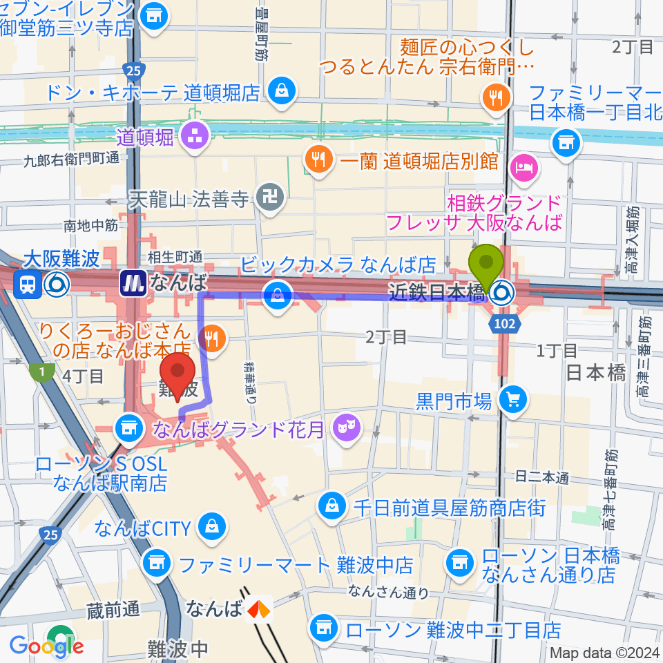 近鉄日本橋駅からTOHOシネマズなんば本館へのルートマップ地図