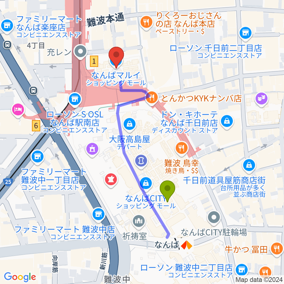 TOHOシネマズなんば本館の最寄駅難波駅からの徒歩ルート（約4分）地図