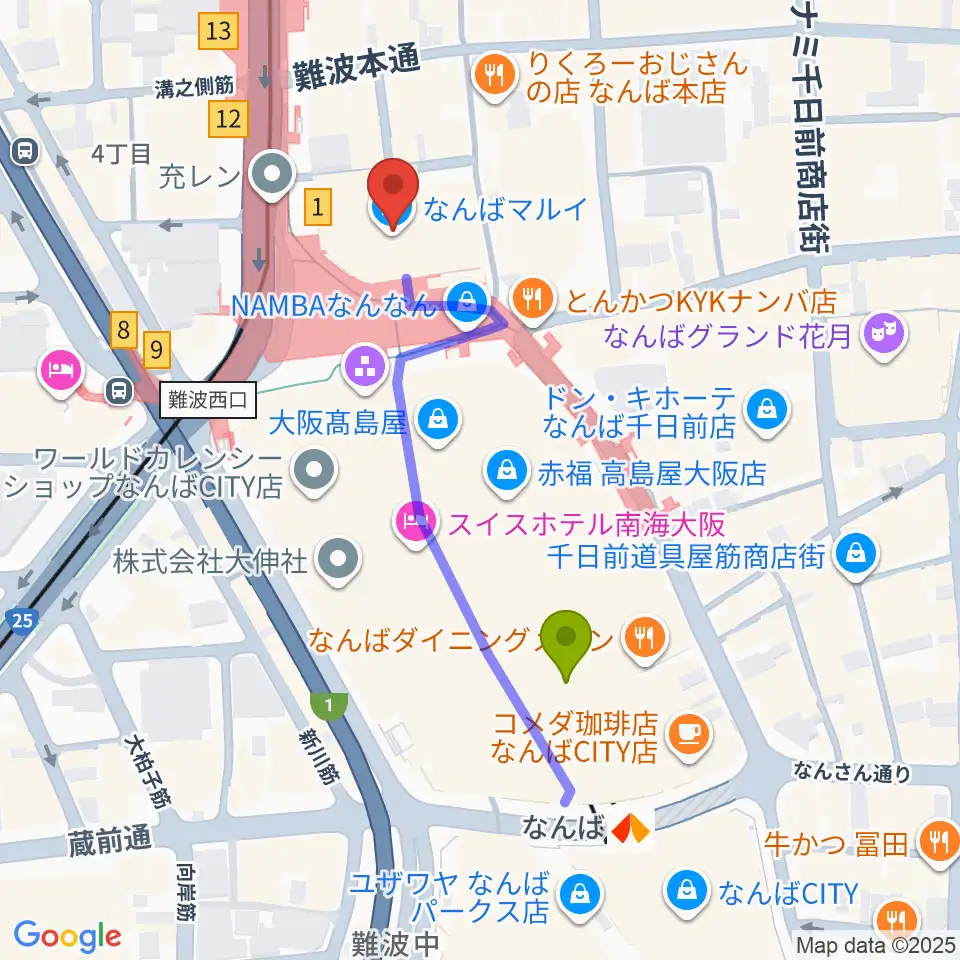 TOHOシネマズなんば本館の最寄駅難波駅からの徒歩ルート（約4分）地図