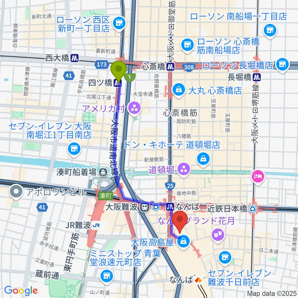 四ツ橋駅からTOHOシネマズなんば本館へのルートマップ地図