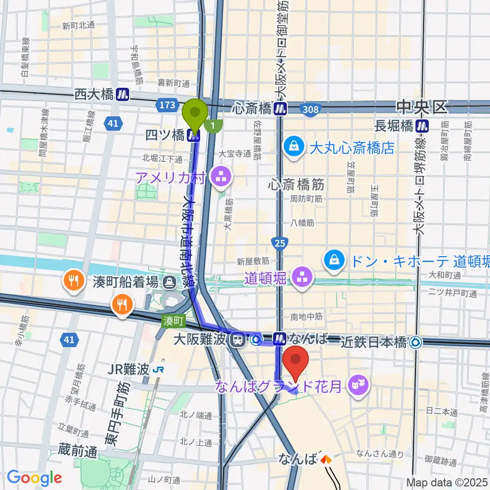 四ツ橋駅からTOHOシネマズなんば本館へのルートマップ地図