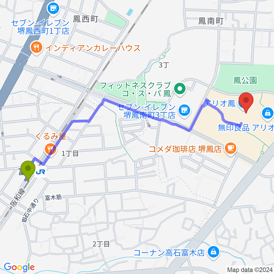 Tohoシネマズ鳳の最寄駅富木駅からの徒歩ルート 約12分 Mdata