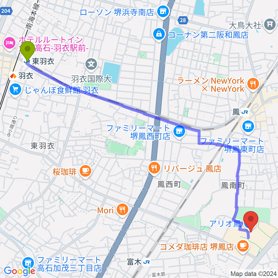 東羽衣駅からtohoシネマズ鳳へのルートマップ Mdata