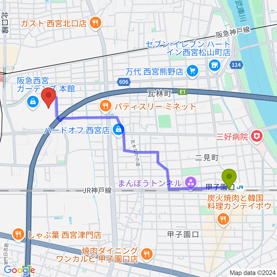 甲子園口駅からtohoシネマズ西宮osへのルートマップ Mdata