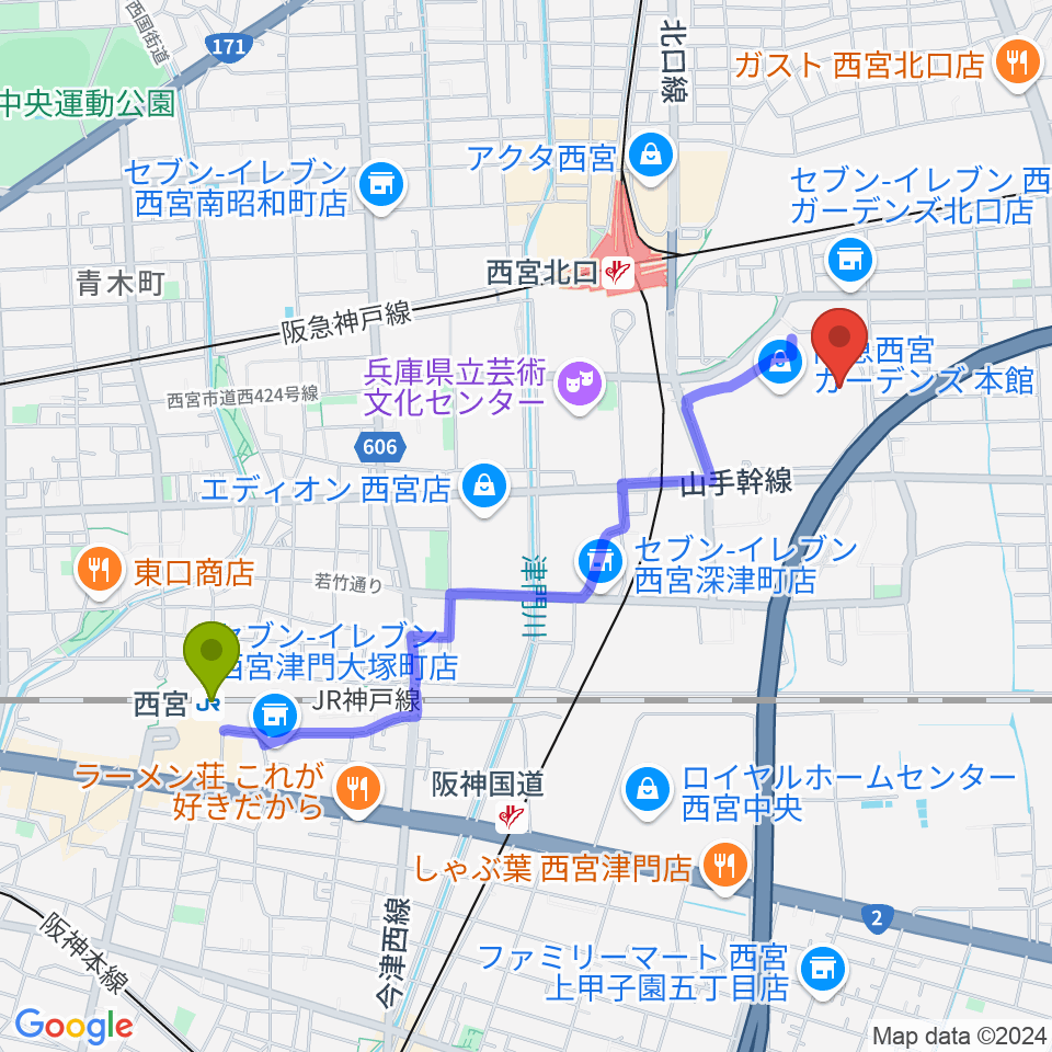 西宮駅からtohoシネマズ西宮osへのルートマップ Mdata