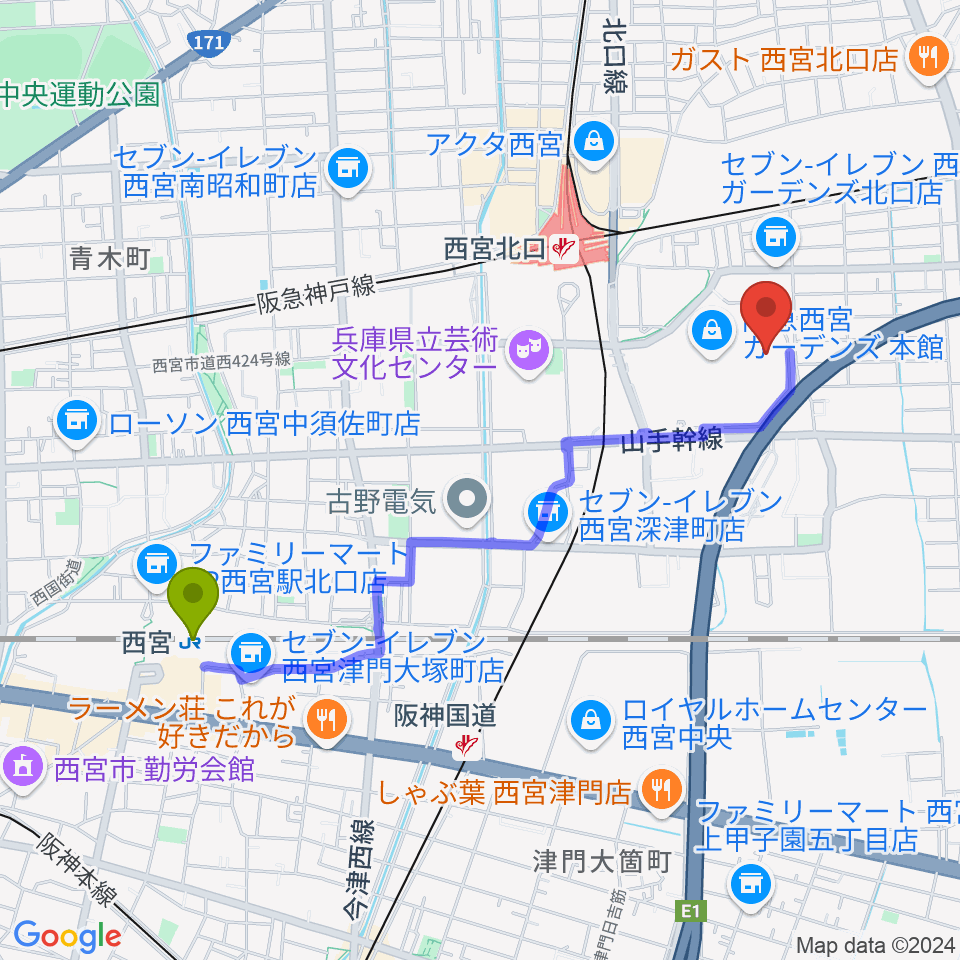 西宮駅からTOHOシネマズ西宮OSへのルートマップ地図