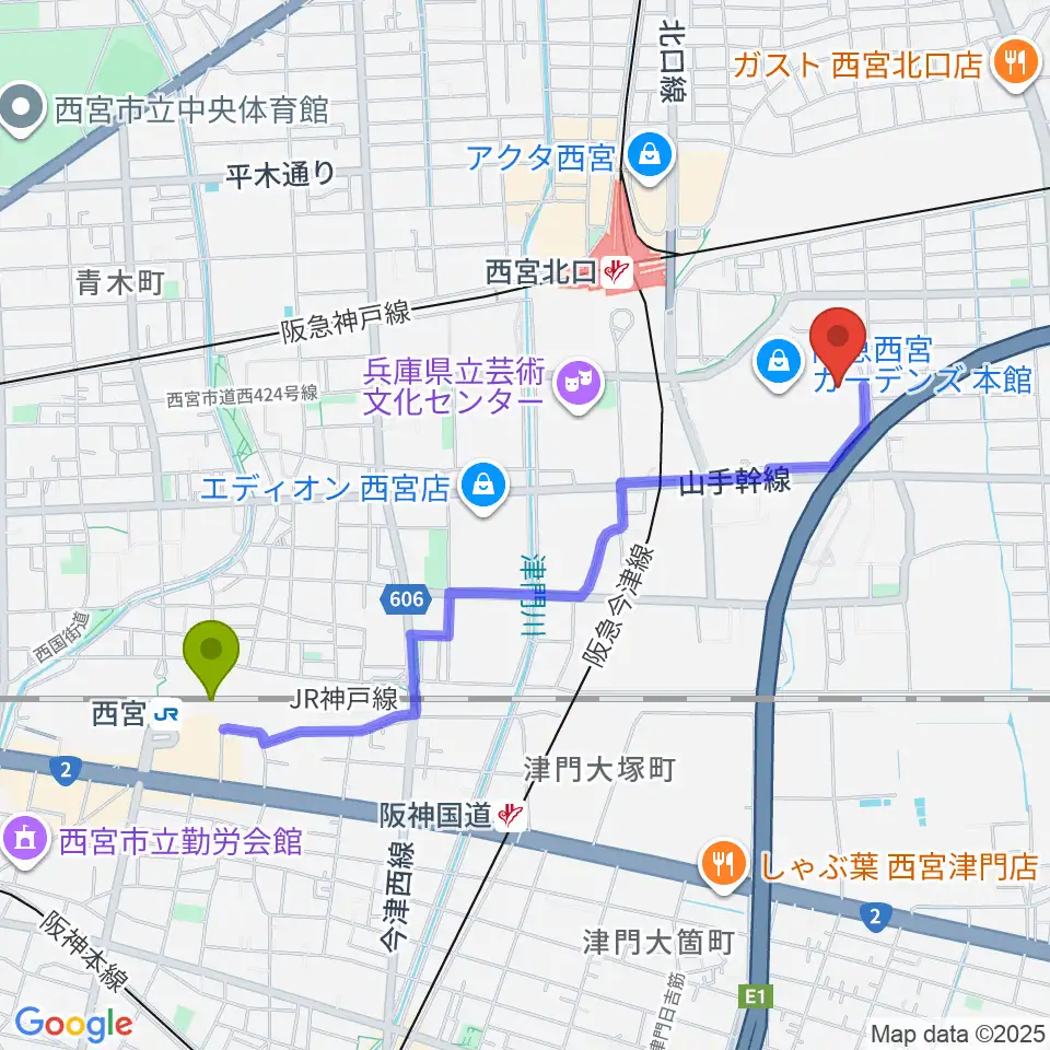 西宮駅からTOHOシネマズ西宮OSへのルートマップ地図