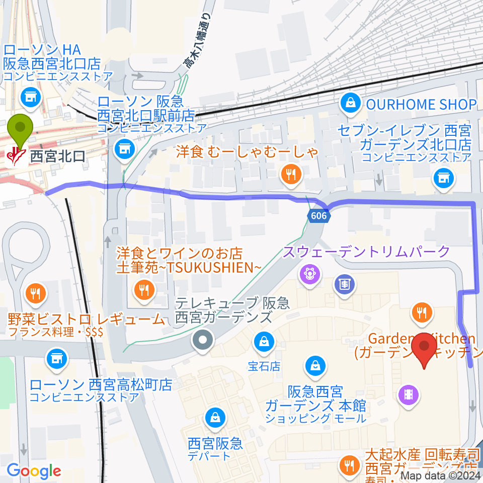 Tohoシネマズ西宮osの最寄駅西宮北口駅からの徒歩ルート 約7分 Mdata