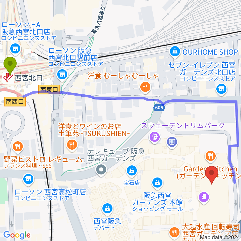 TOHOシネマズ西宮OSの最寄駅西宮北口駅からの徒歩ルート（約7分）地図