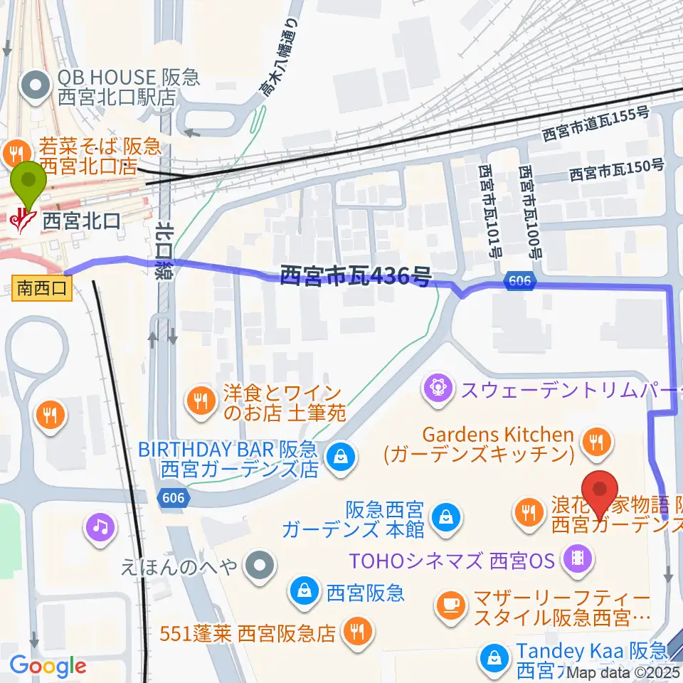 TOHOシネマズ西宮OSの最寄駅西宮北口駅からの徒歩ルート（約7分）地図