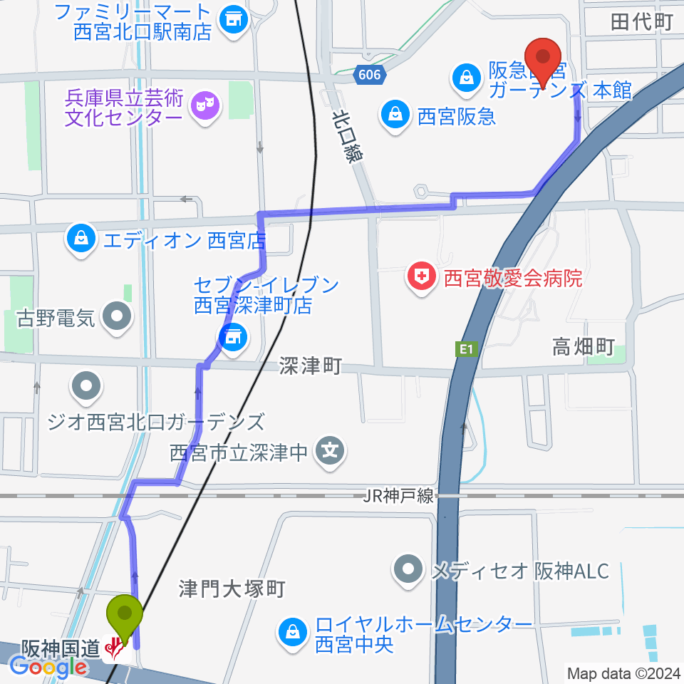 阪神国道駅からTOHOシネマズ西宮OSへのルートマップ地図