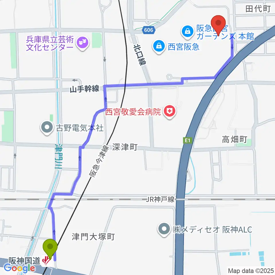 阪神国道駅からTOHOシネマズ西宮OSへのルートマップ地図