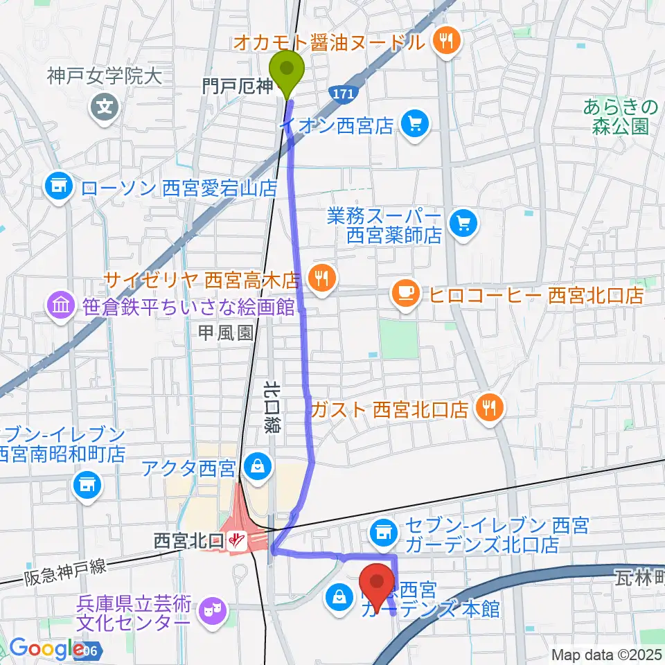 門戸厄神駅からTOHOシネマズ西宮OSへのルートマップ地図