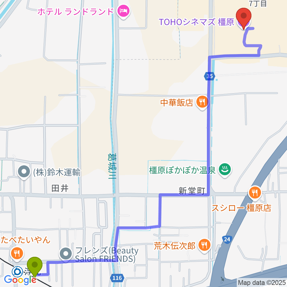 浮孔駅からTOHOシネマズ橿原へのルートマップ地図