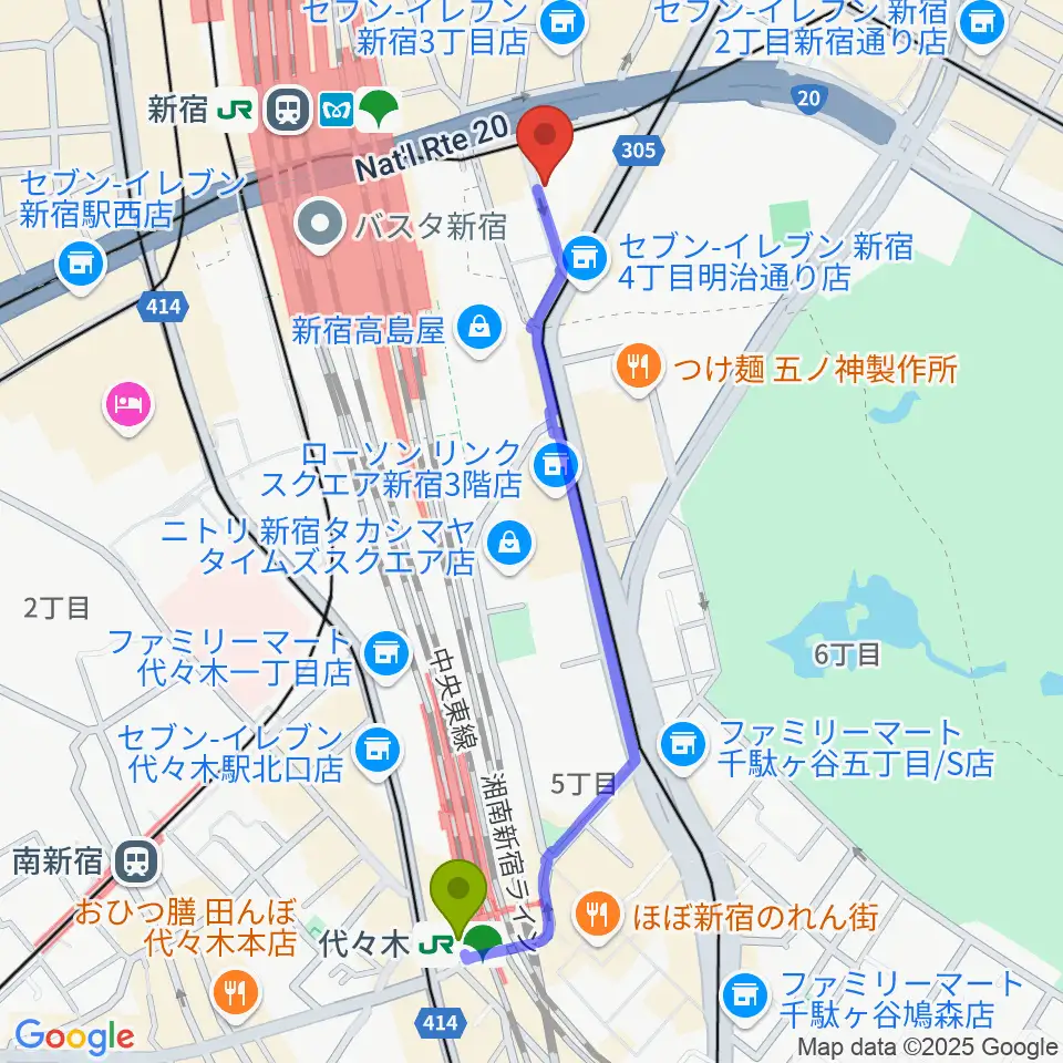 代々木駅からスタジオペンタ新宿店へのルートマップ地図