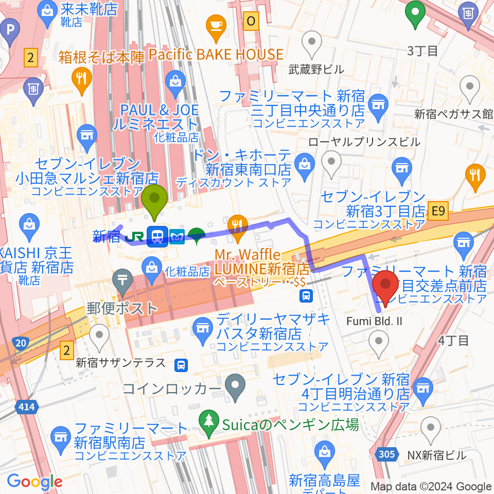 スタジオペンタ新宿店の最寄駅新宿駅からの徒歩ルート（約4分）地図