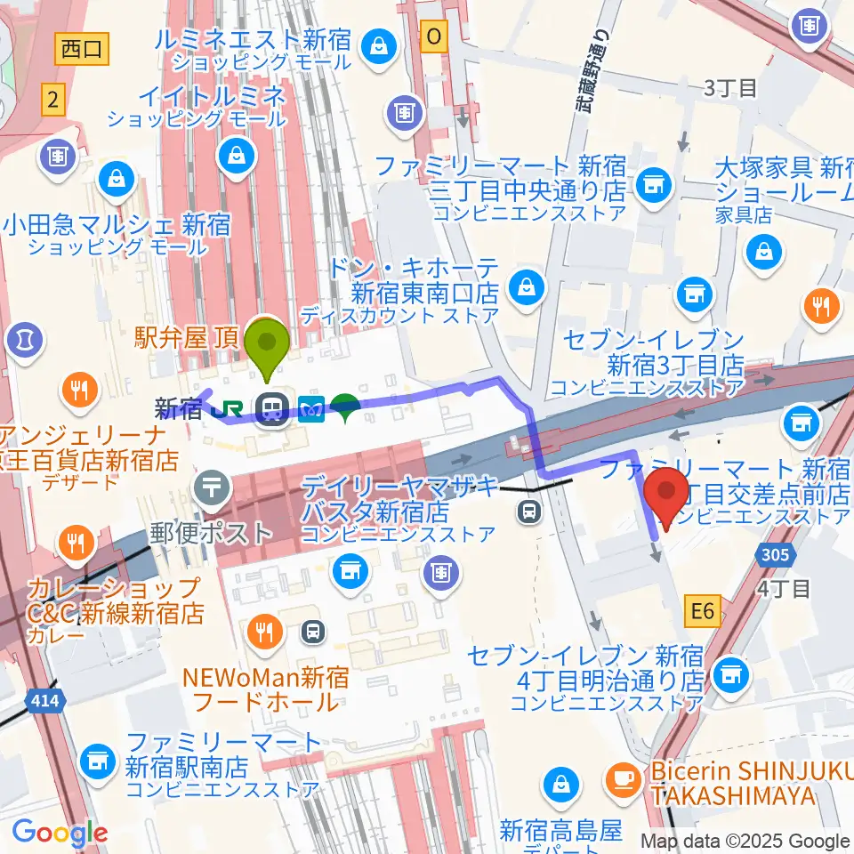 スタジオペンタ新宿店の最寄駅新宿駅からの徒歩ルート（約4分）地図