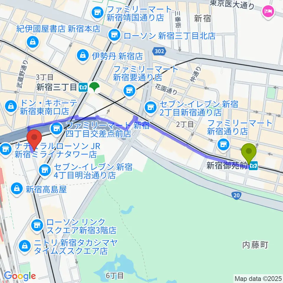 新宿御苑前駅からスタジオペンタ新宿店へのルートマップ地図