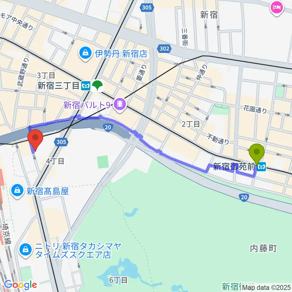 新宿御苑前駅からスタジオペンタ新宿店へのルートマップ地図