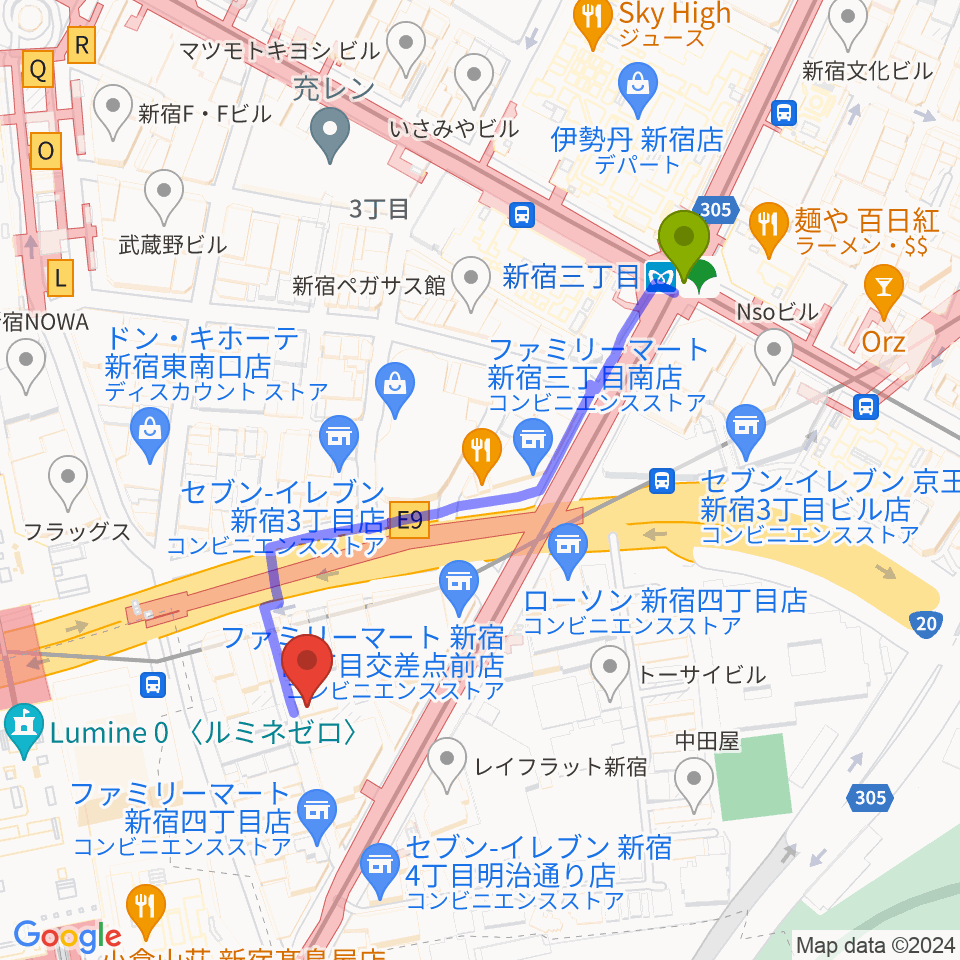 新宿三丁目駅からスタジオペンタ新宿店へのルートマップ地図