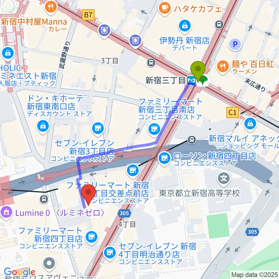 新宿三丁目駅からスタジオペンタ新宿店へのルートマップ地図