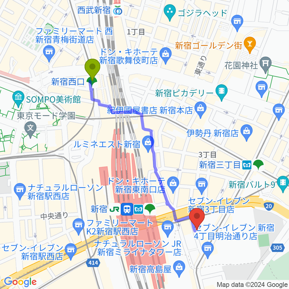 新宿西口駅からスタジオペンタ新宿店へのルートマップ地図