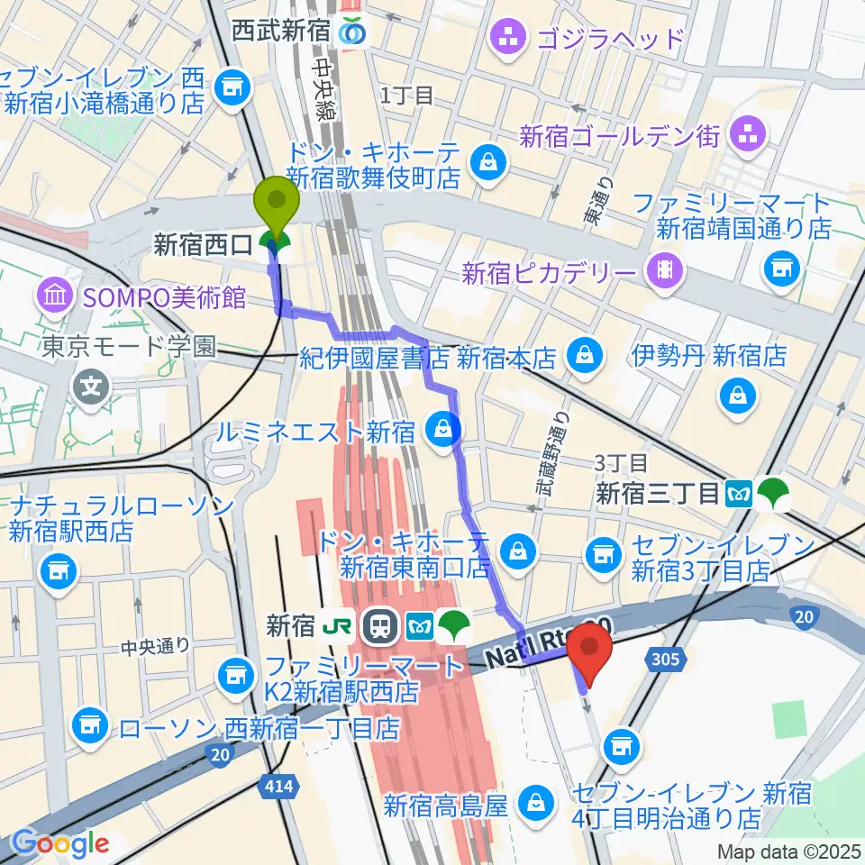 新宿西口駅からスタジオペンタ新宿店へのルートマップ地図