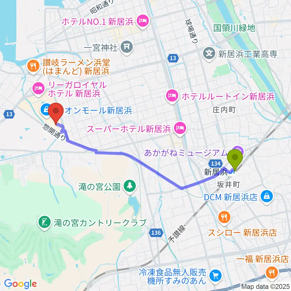 TOHOシネマズ新居浜の最寄駅新居浜駅からの徒歩ルート（約40分）地図