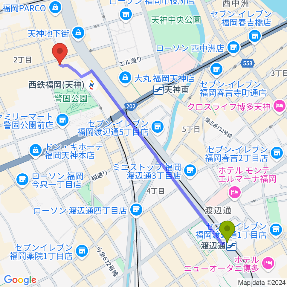 渡辺通駅からtohoシネマズ天神 ソラリア館へのルートマップ Mdata