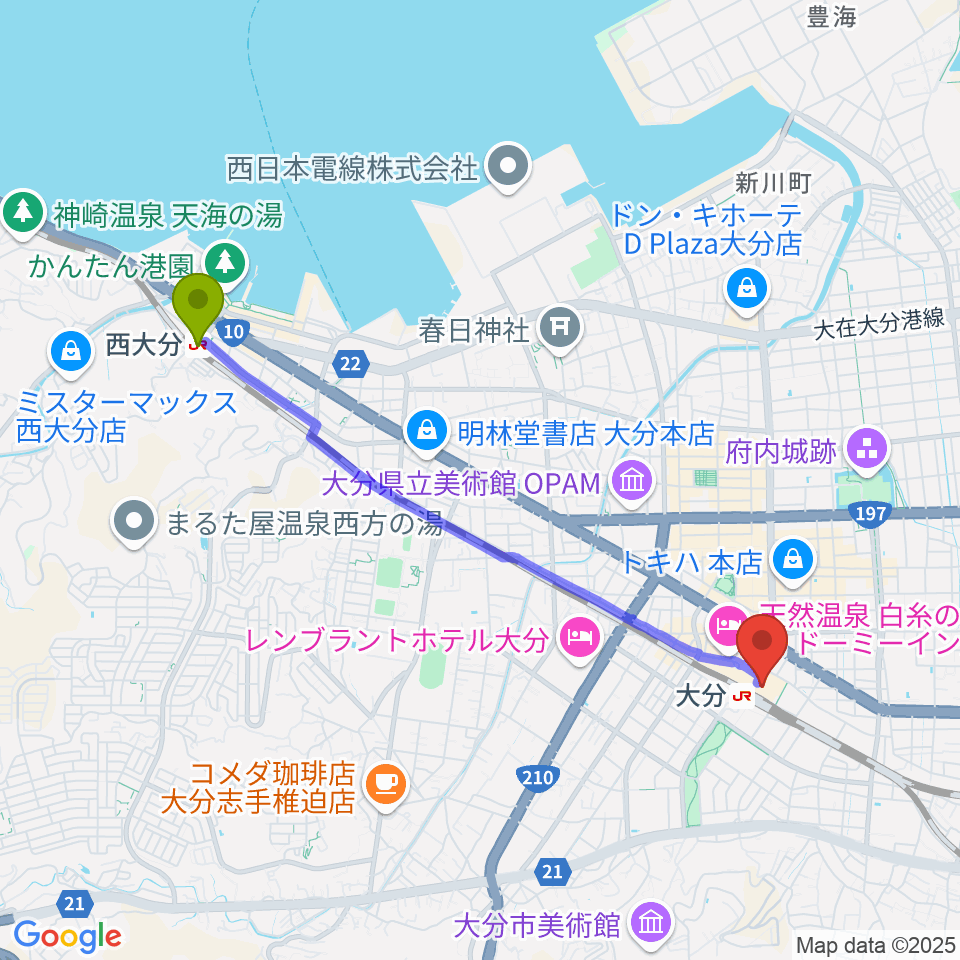 西大分駅からTOHOシネマズ アミュプラザおおいたへのルートマップ地図