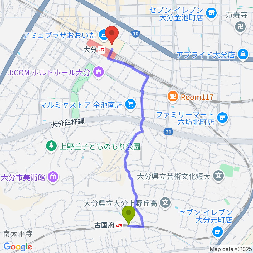 古国府駅からTOHOシネマズ アミュプラザおおいたへのルートマップ地図